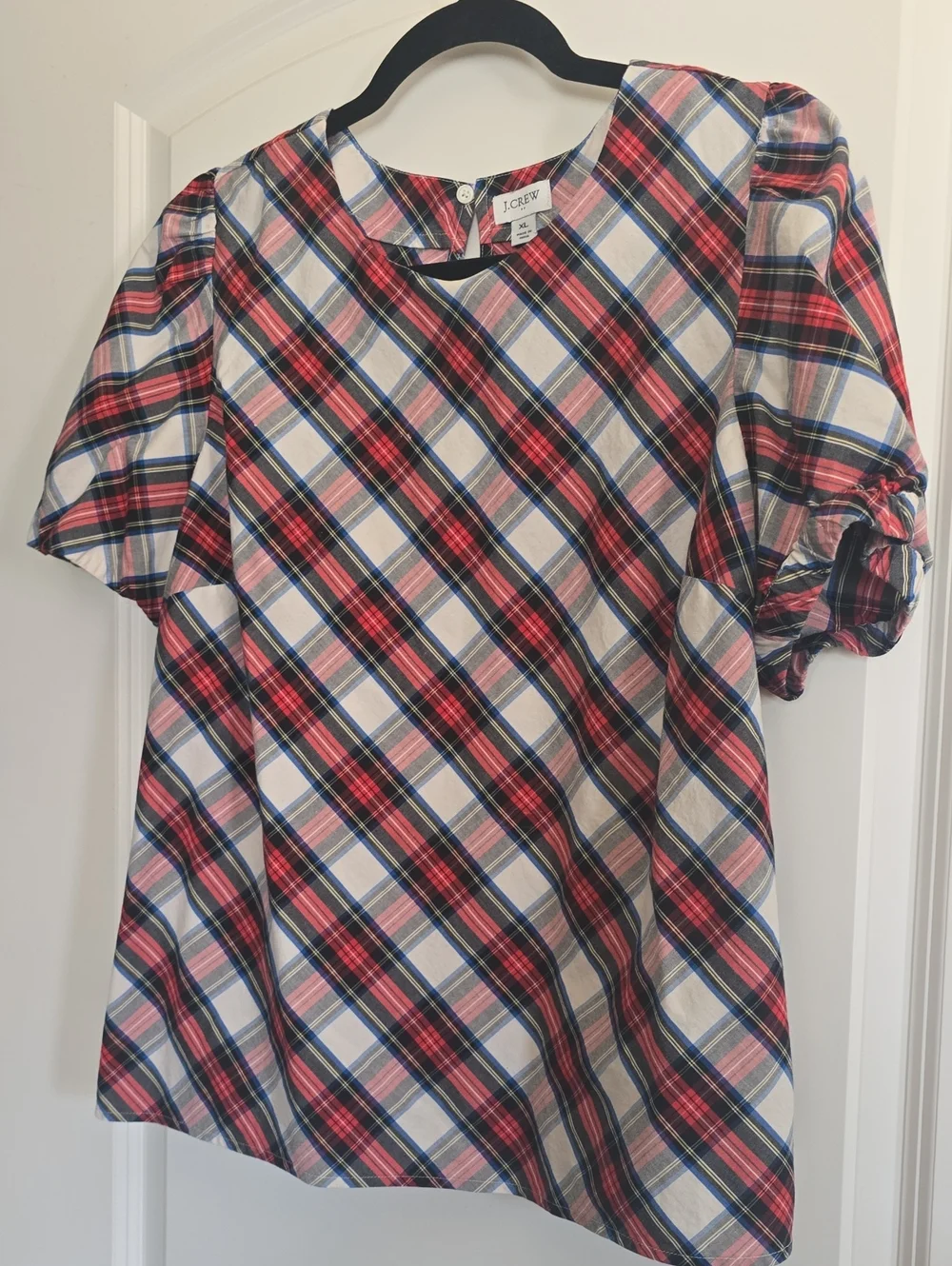 J. Crew Pink, Red & Blue Plaid Puff Sleeve Top Sz XL